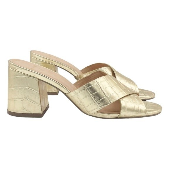 Lulus Ybarra Metallic Gold Croc-Embossed Block Heel Leather Sandals Size 7.5 - Picture 7 of 16